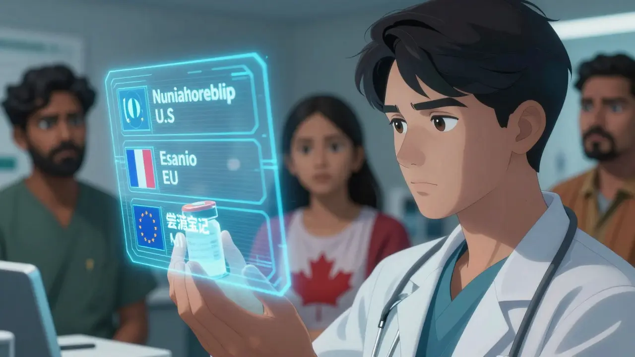 Doctor views conflicting drug safety warnings on hologram as patients from different countries watch silently.