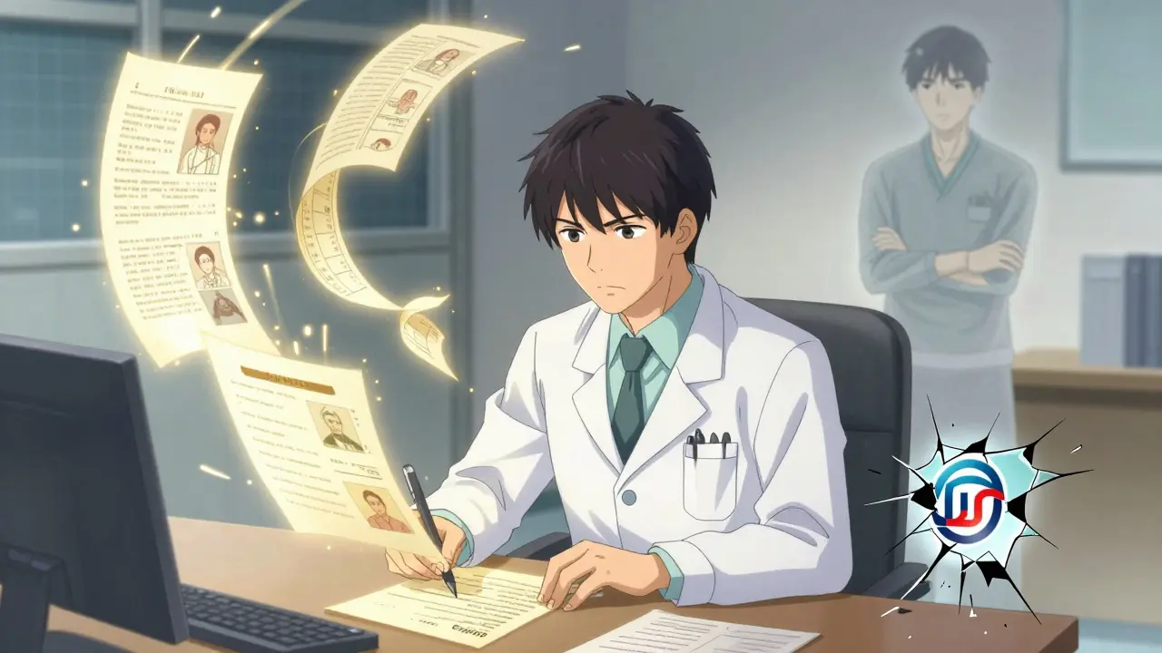 Doctor writing an appeal letter as medical timelines rise like scrolls beside them.