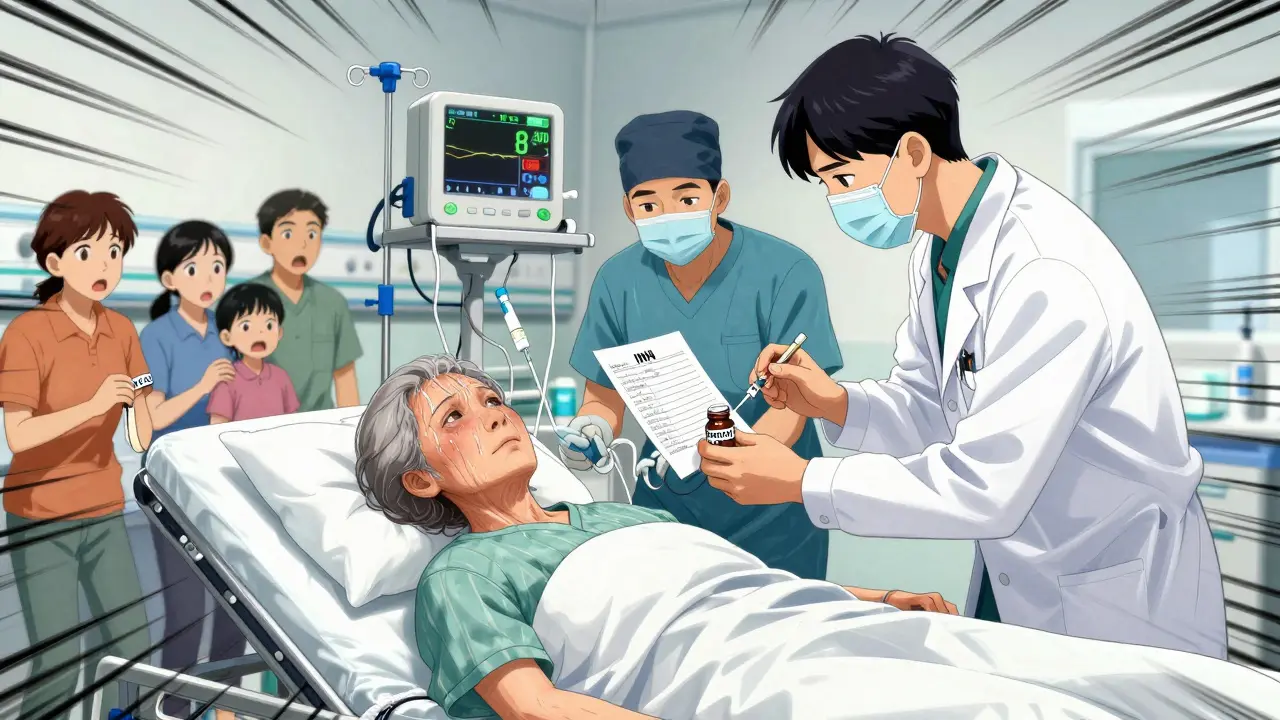 Elderly woman in emergency room being treated for severe bleeding, doctors administering reversal agent, family member in shock.