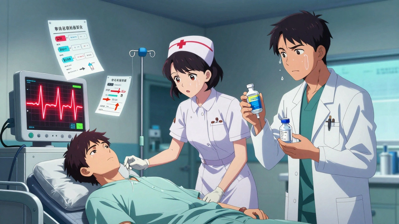 Emergency medical team treating a CKD patient with high potassium, IV fluids and ECG monitor showing dangerous heart rhythms.