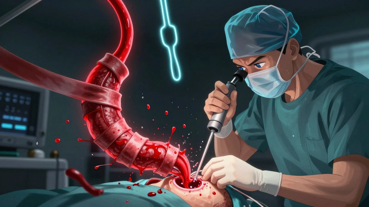 Endoscopic procedure with rubber bands sealing bleeding varices in esophagus