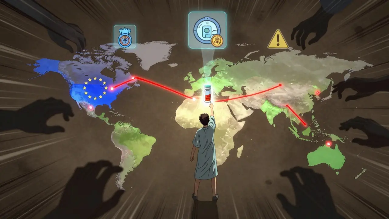 Global map with colored approval paths and a patient reaching for a pill pulled by conflicting national hands.