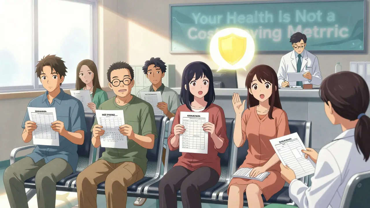 Group of patients presenting medical records in a clinic setting