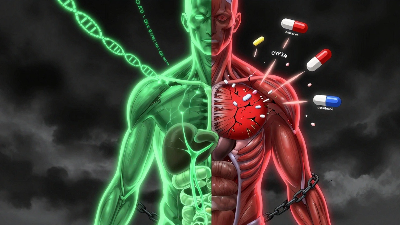 Human figure split between safe pravastatin flow and dangerous simvastatin overload with fracturing muscles.