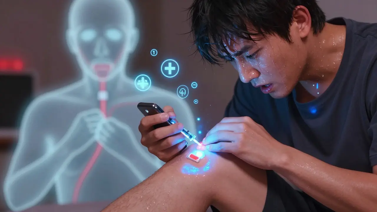 Individual administering epinephrine while calling emergency services, medical warning symbols visible.