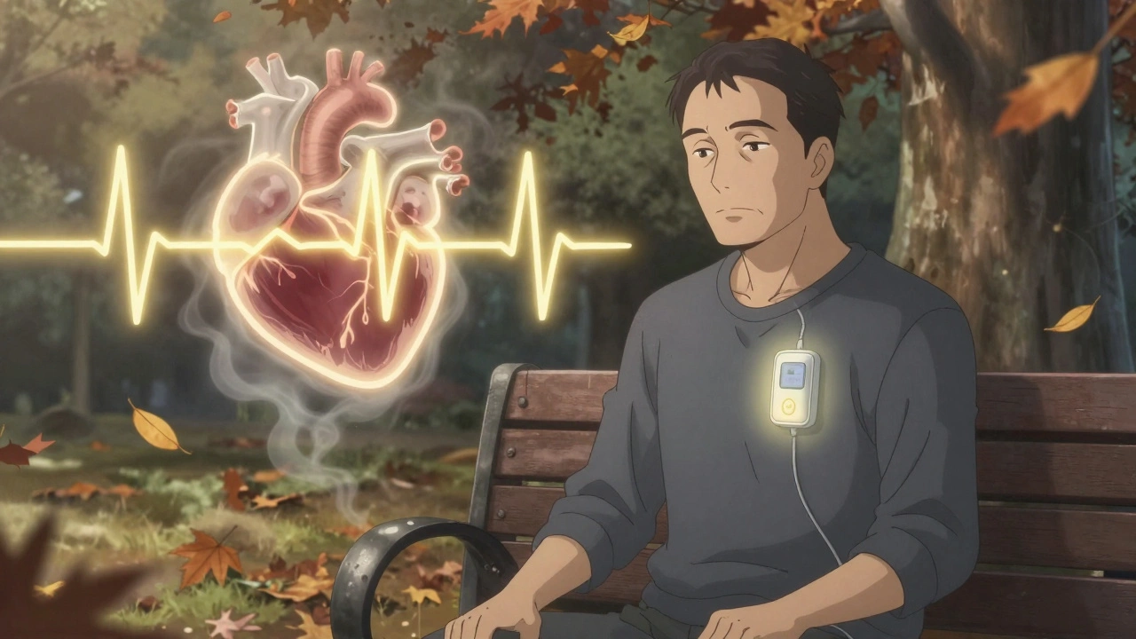 Man with pacemaker in park, calm heart rhythm contrasting with fading chaotic beat.