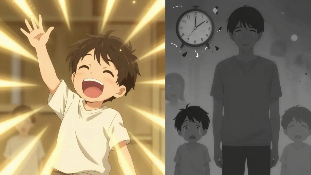 Parent watches child's laughter fade into silent gray emptiness.