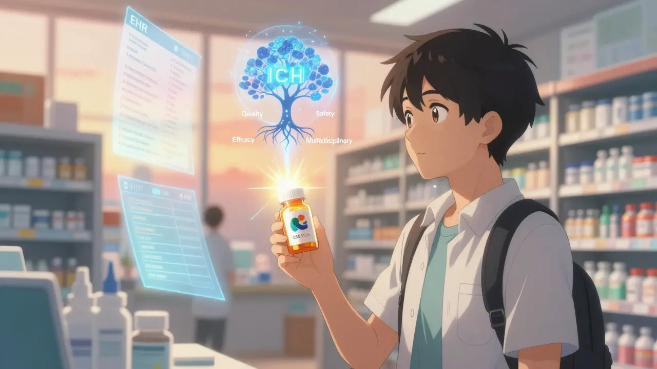Patient holds pill with ICH M13A symbol as real-world data flows into a symbolic tree.