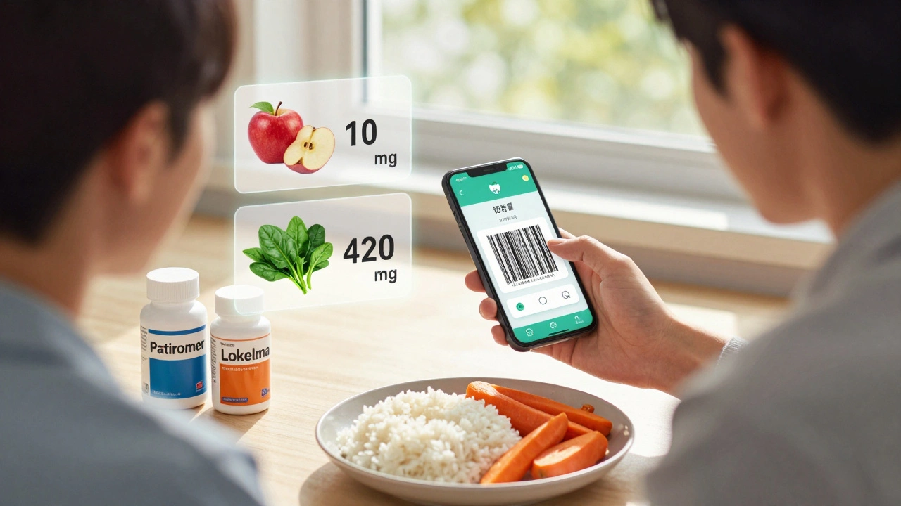 Patient using a mobile app to scan food for potassium content while managing chronic kidney disease at home.