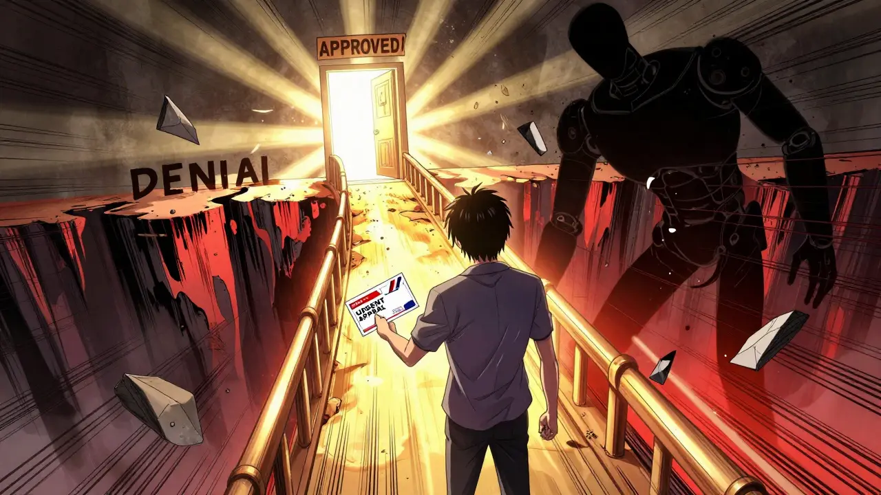 Patient walking across a glowing bridge from denial to approval as bureaucracy crumbles behind.