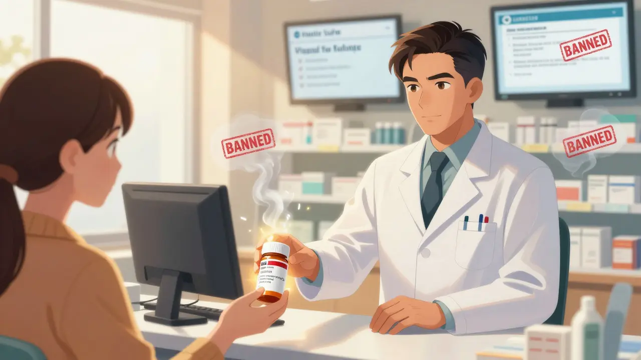 Pharmacist handing a verified prescription to a patient in a safe, certified online pharmacy.