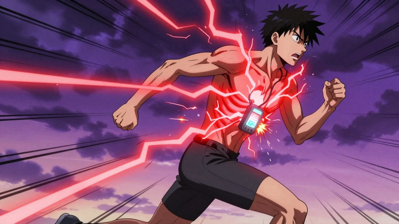 Runner with ventricular tachycardia, glowing ICD device pulsing with energy.