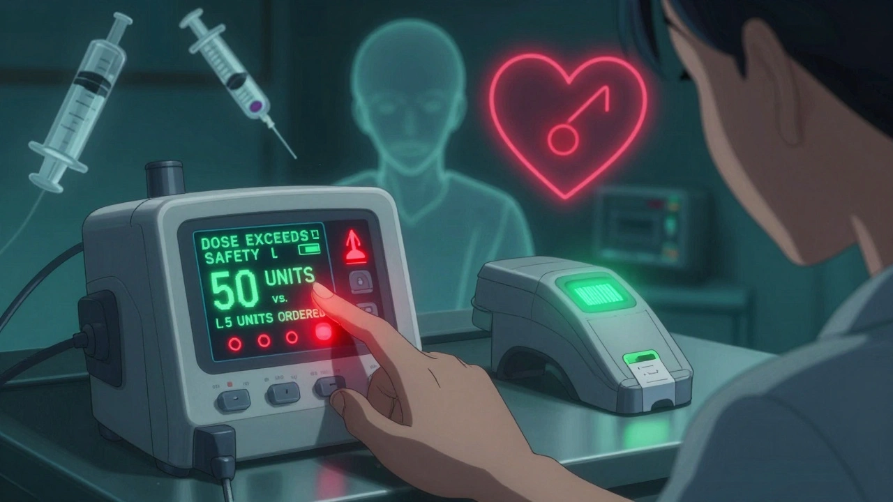 Smart infusion pump displays a dangerous dose alert as a nurse hesitates to enter medication data.