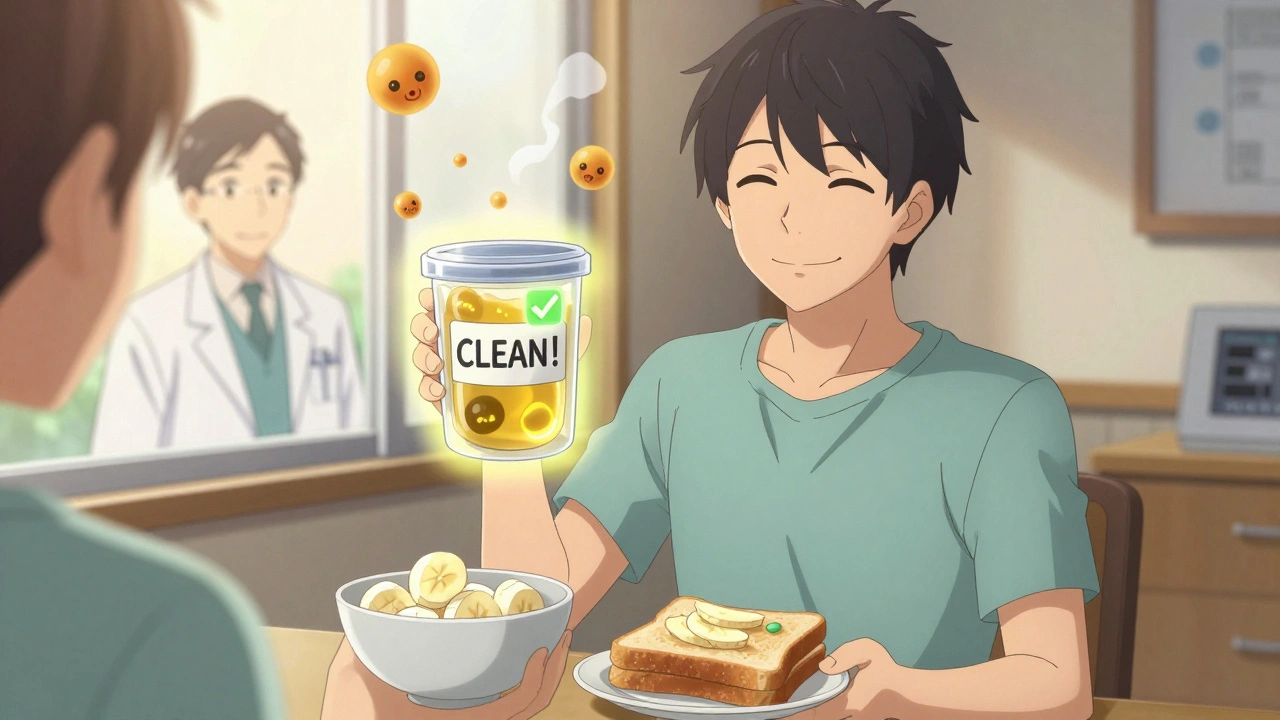 Smiling person holding clear stool sample with doctor nodding approvingly in background.