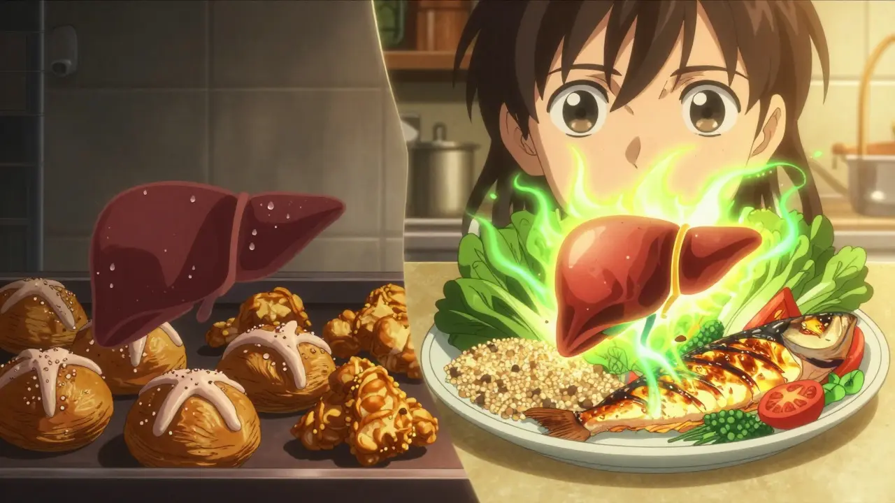 Split kitchen scene: unhealthy gluten-free foods vs. healthy whole foods healing a liver.