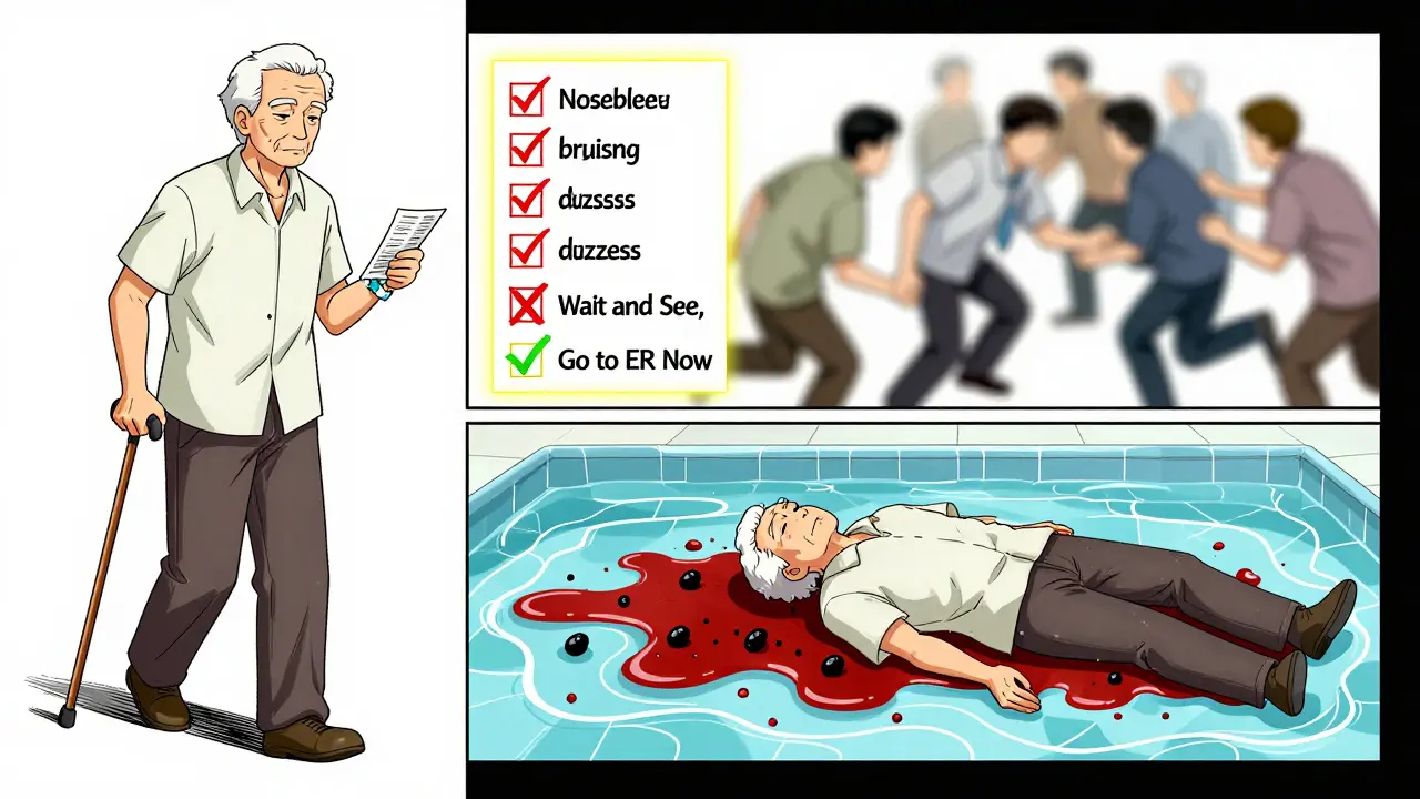 Split scene: healthy senior with medical bracelet vs. same person collapsing in blood, warning signs above with ER checklist.
