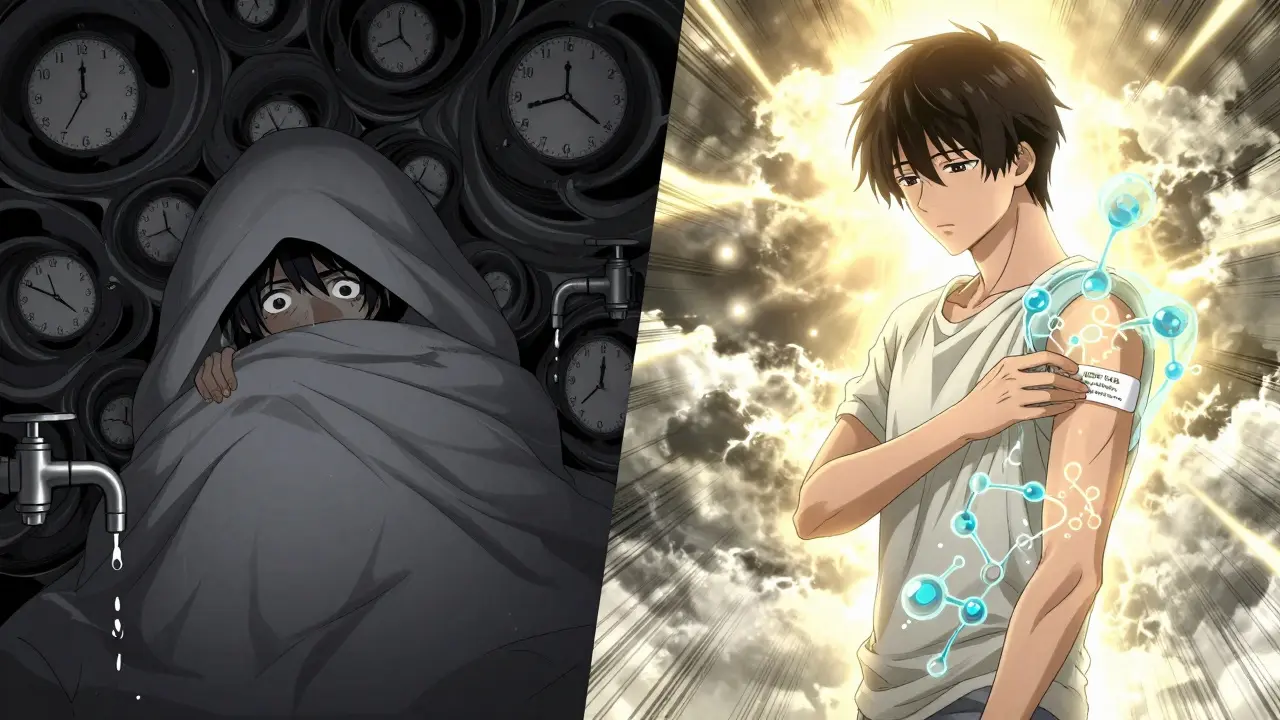 Split scene of OCD struggle transforming into calm, with a medication patch glowing as serotonin flows through the body.