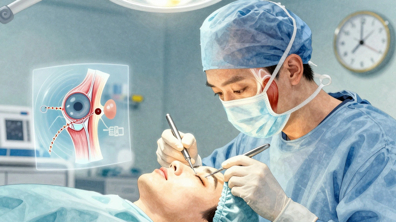 Surgeon performing eyelid surgery with holographic eye anatomy overlays and precision tools.