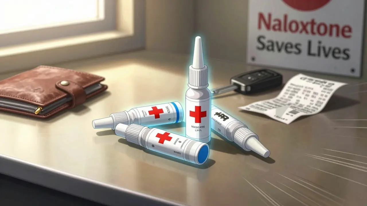 Three naloxone kits on a table with wallet and keys, symbolizing accessibility and preparedness.