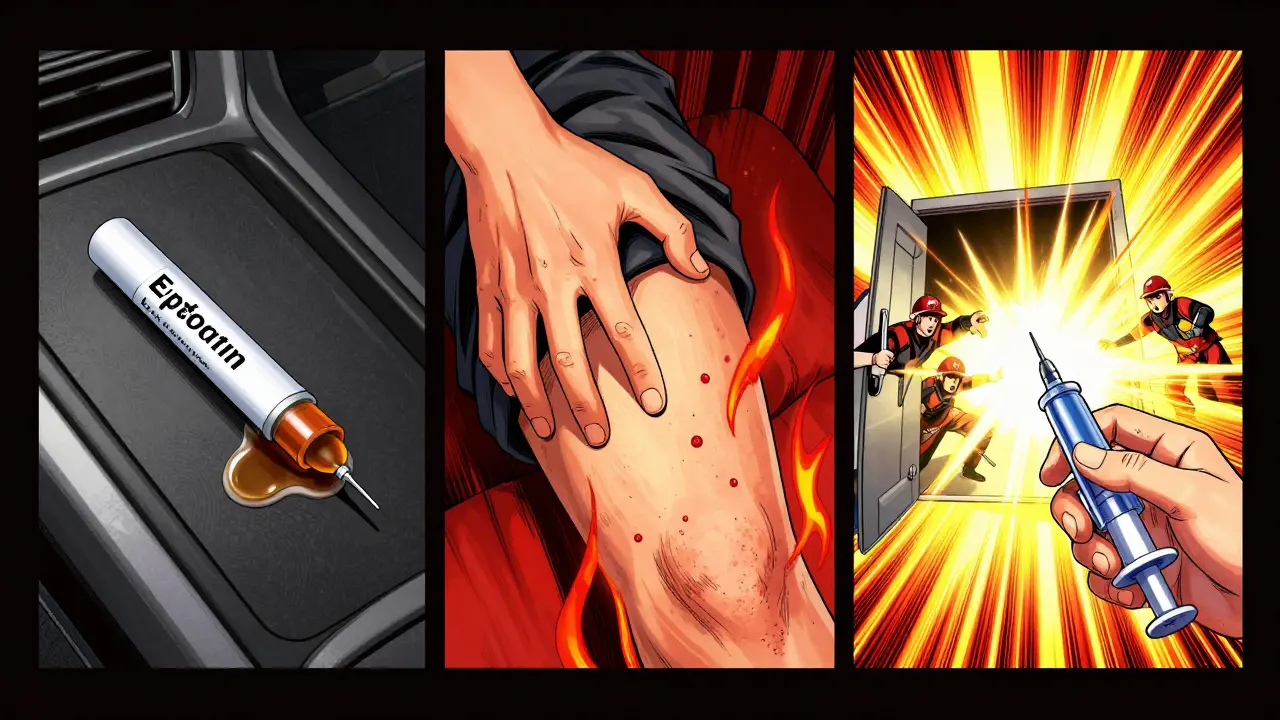Three-panel manga scene: expired injector, hesitation, then decisive injection with emergency response.