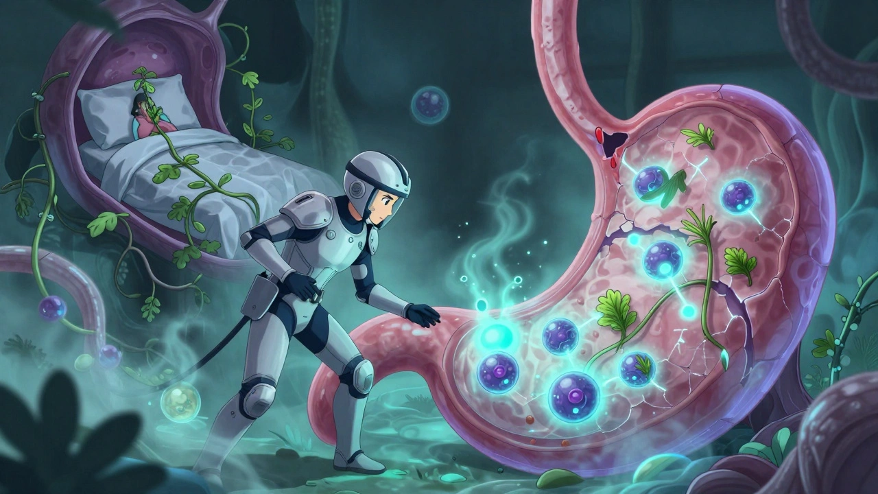 Tiny warrior shutting down acid cells in stomach, healing esophagus growing herbs from lifestyle changes.