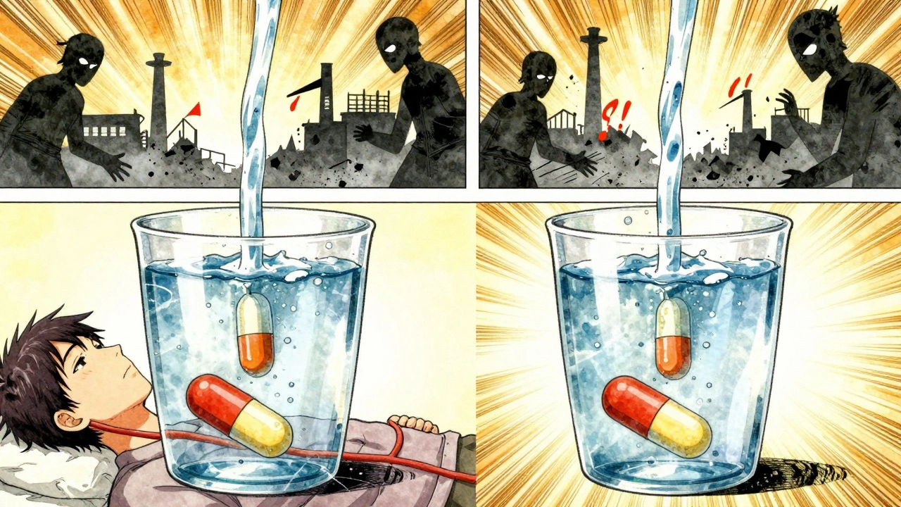 Two identical pills dissolving into the same bloodstream, with economic threats fading behind them.