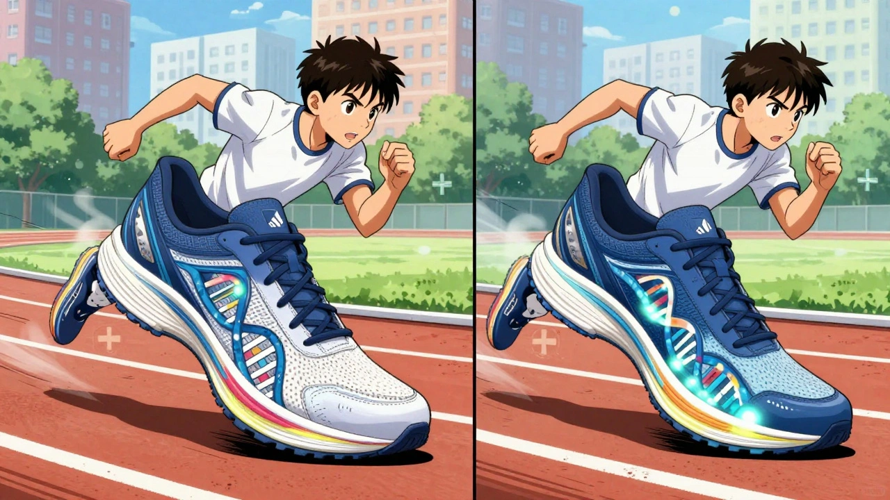 Two running shoes with molecular patterns sprinting side by side, symbolizing biosimilar and biologic equivalence.