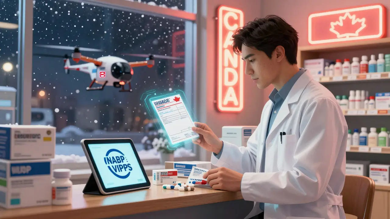 A Canadian pharmacist packaging generic medicines for U.S. delivery, with snow falling outside and an FDA-approved drone waiting.