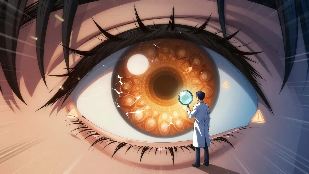 A detailed eye with swirling drug deposits in the cornea, a tiny doctor on the eyelid, and medical symbols floating in a glowing gradient background.
