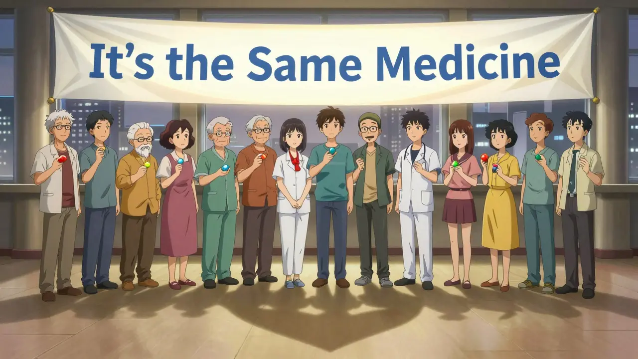 A diverse group of people holding different colored pills, their shadows forming a heart under a banner saying 'It’s the Same Medicine.'