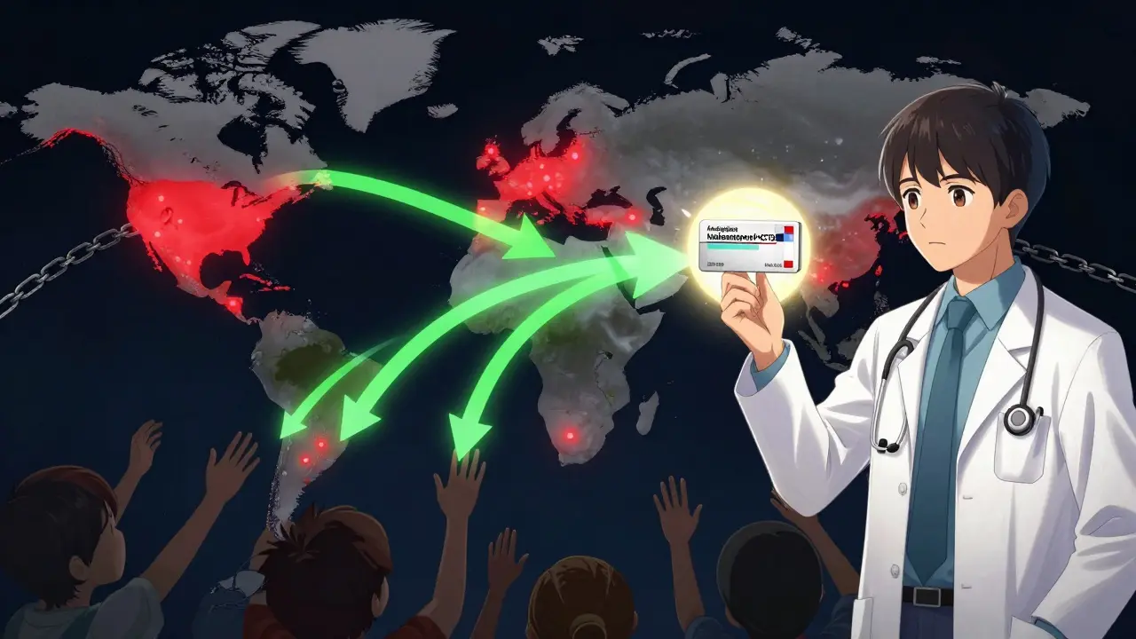 A global map showing access gaps for blood pressure combo pills, a doctor holding a triple-combination pill as patients reach up.
