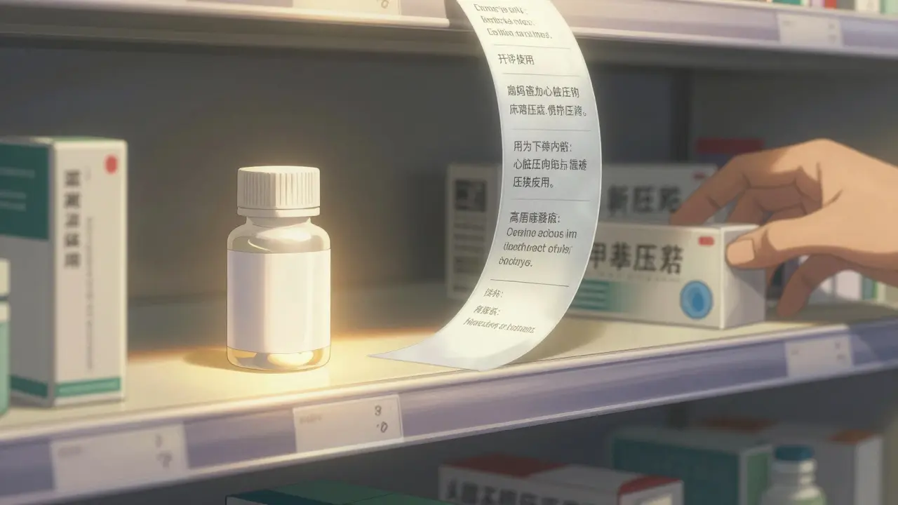 A glowing generic pill on a pharmacy shelf with a translucent skinny label avoiding a patented use, symbolizing legal workaround.