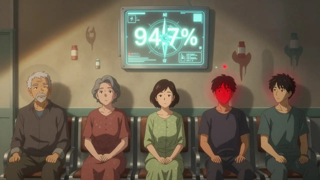 A group of patients in a hospital with visual distortions above their heads, watched over by a glowing AI eye scanner projecting accuracy data.