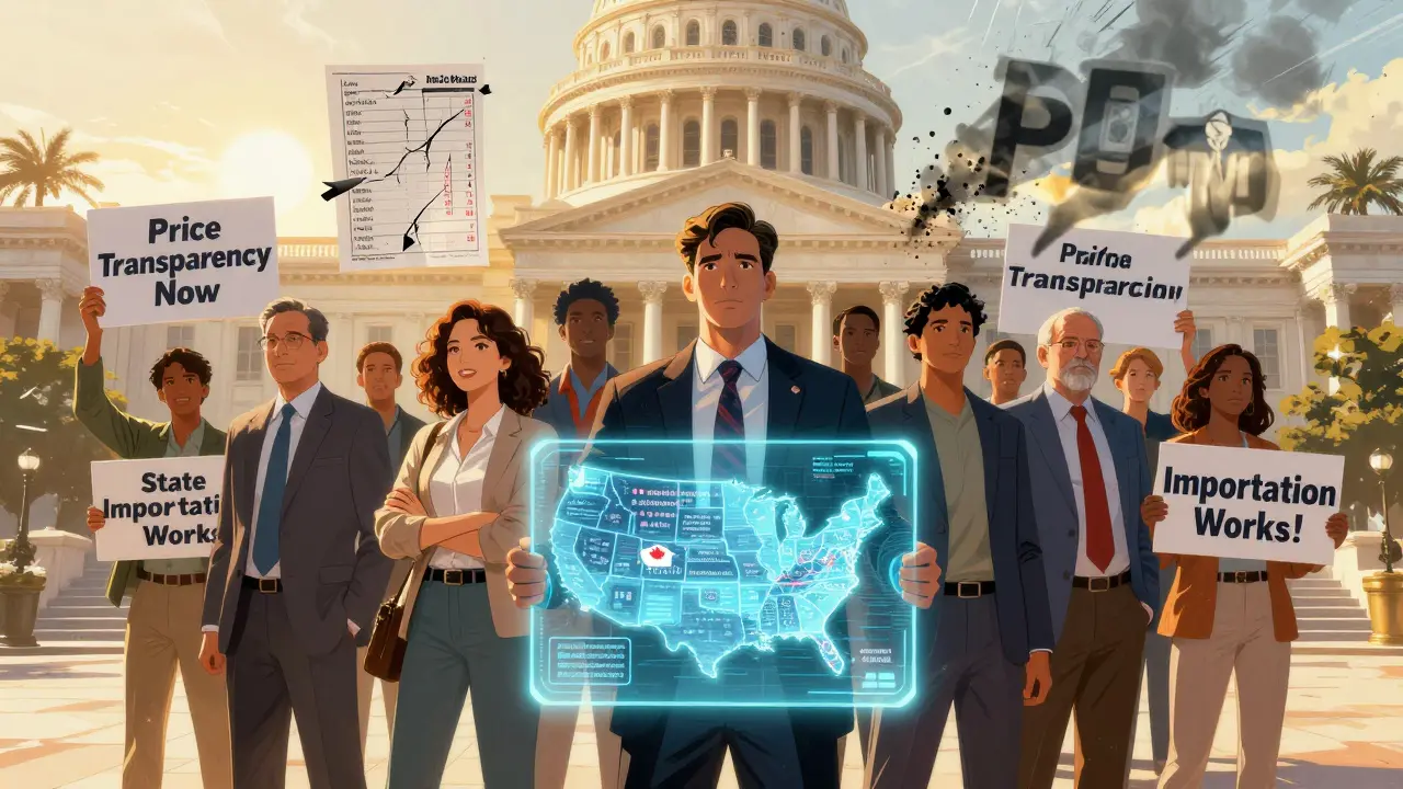 A group of people protesting for drug price reform, with a hologram showing safe generic drug delivery from Canada to U.S. homes.