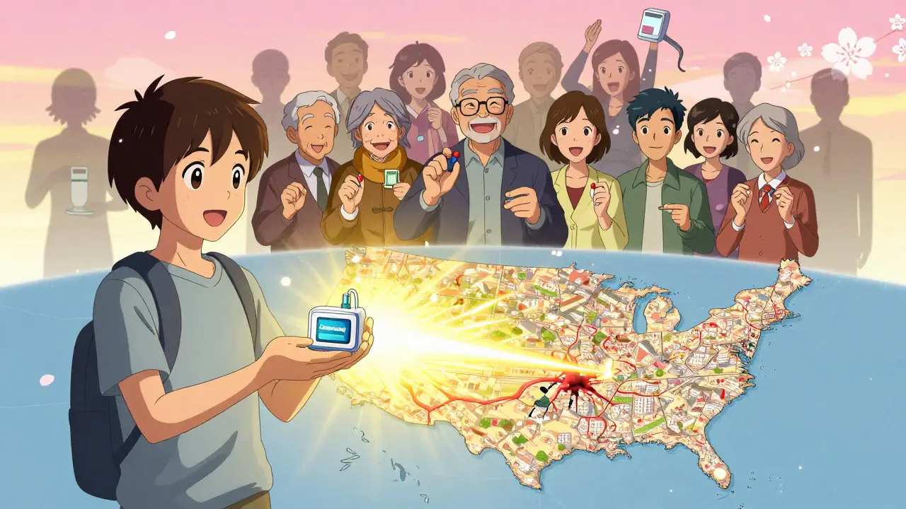 A patient holds a universal reversal agent device, its light healing blood vessels across a map of the U.S.