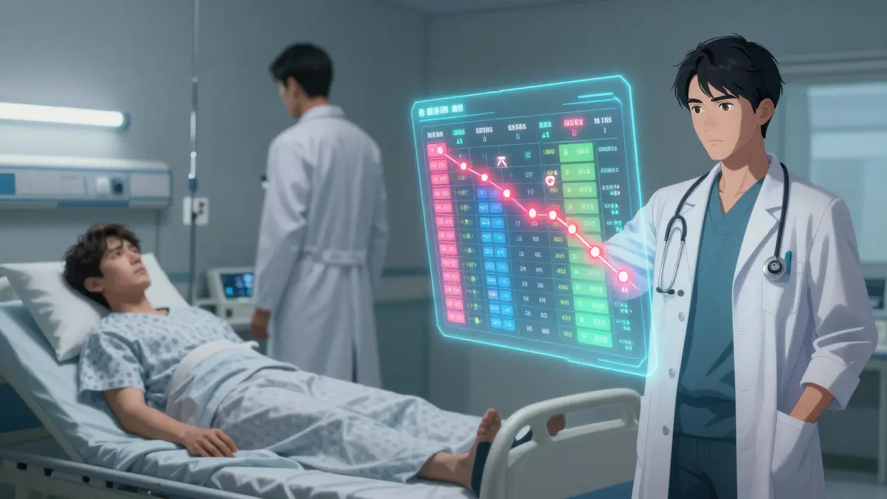 A patient presenting a holographic symptom diary to a doctor, with visual data links showing drug reactions.