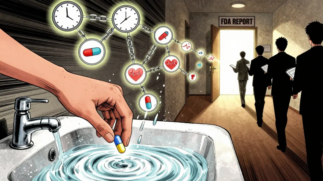 A symbolic image of a pill dissolving as glowing symptom icons rise toward a light labeled 'FDA Report'.