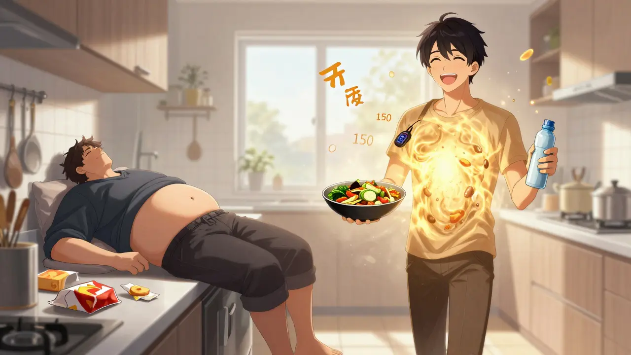 Before-and-after transformation of a person in a kitchen, shifting from unhealthy eating to healthy habits in anime style.