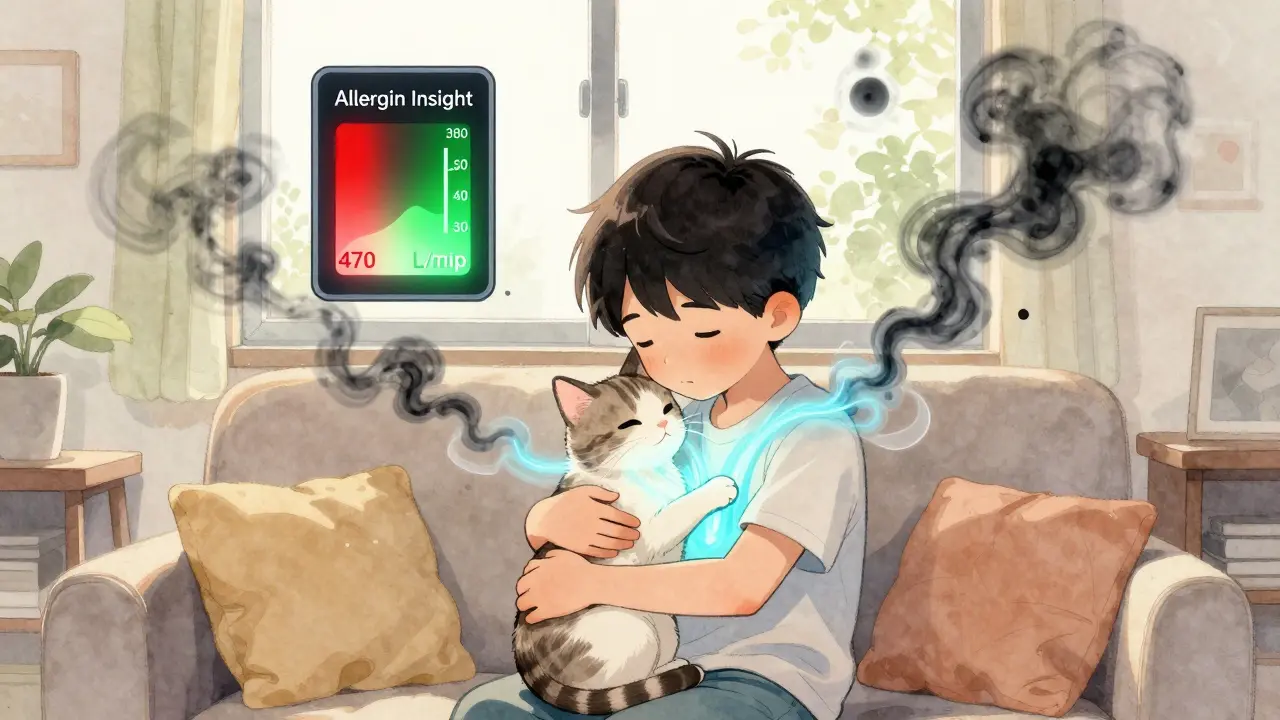 Child hugging cat as allergens dissolve into light, peak flow meter rising from 380 to 470 L/min.