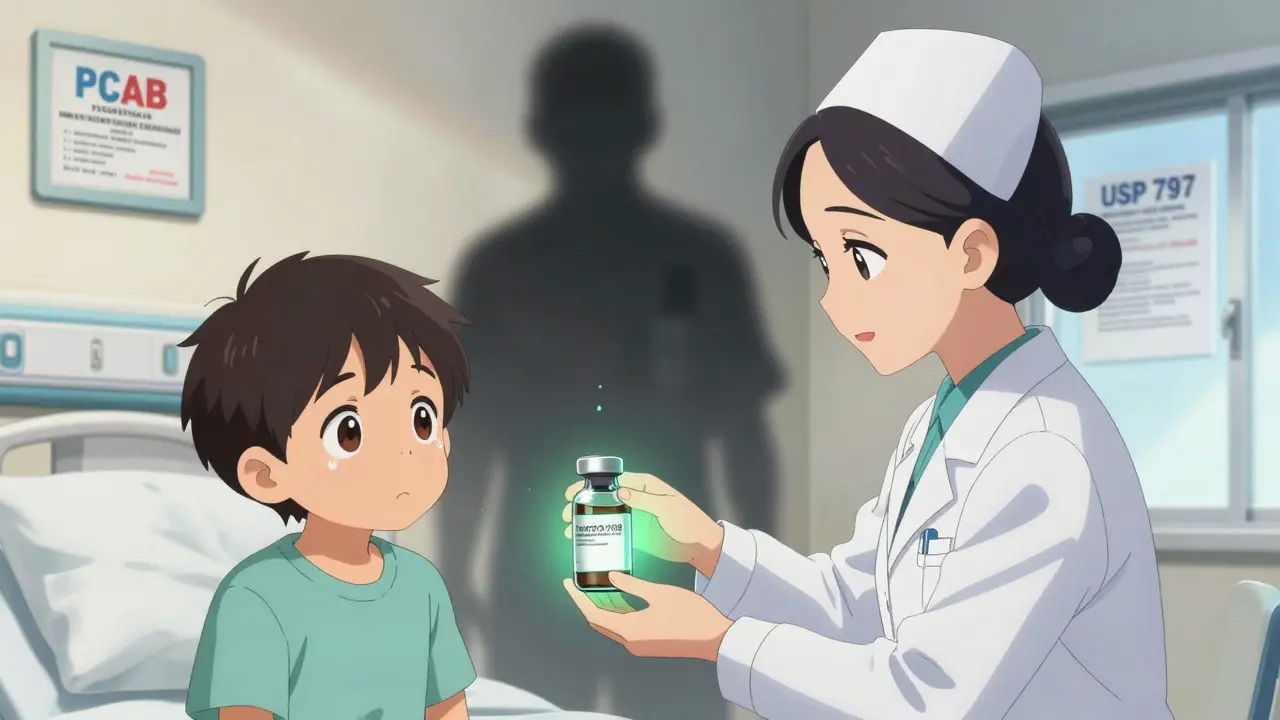 Child receiving correctly labeled medication with safety glow, while a shadow of past error fades away.