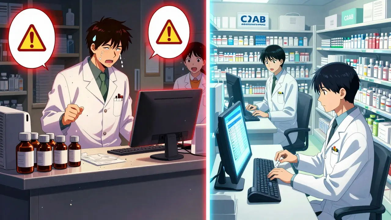 Contrasting scenes: chaotic pharmacy vs. organized accredited pharmacy with staff verifying doses.
