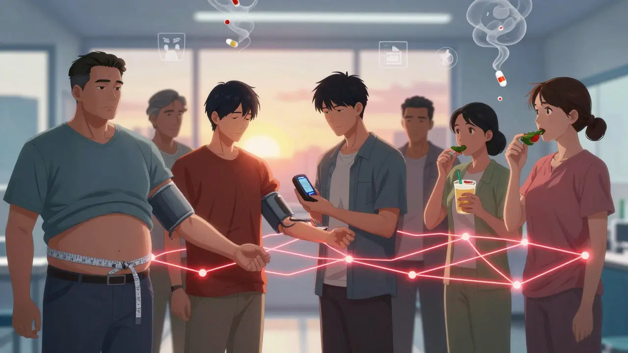 Diverse adults showing metabolic syndrome warning signs connected by red lines, with pills dissolving into smoke.