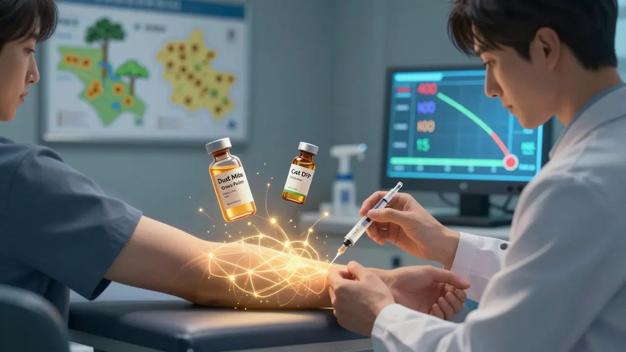 Doctor giving allergy shot as golden energy lines show immune system reprogramming, vials of allergens nearby.