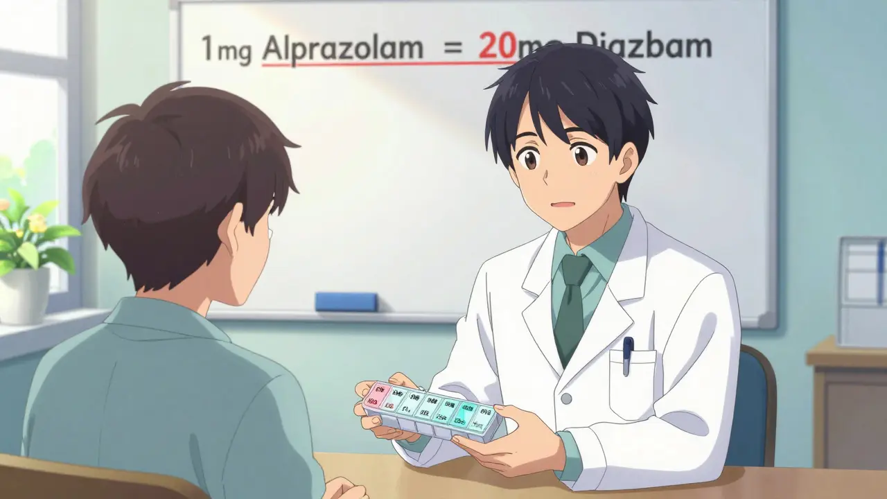 Doctor handing patient customized pill organizer with diazepam dosage chart on whiteboard.