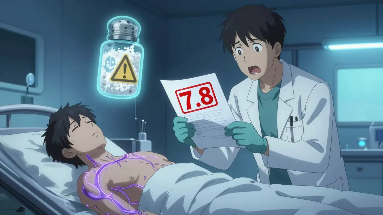 Doctor holds critical blood test in ER as patient lies unconscious, ghostly salt shaker looms with warning symbols.