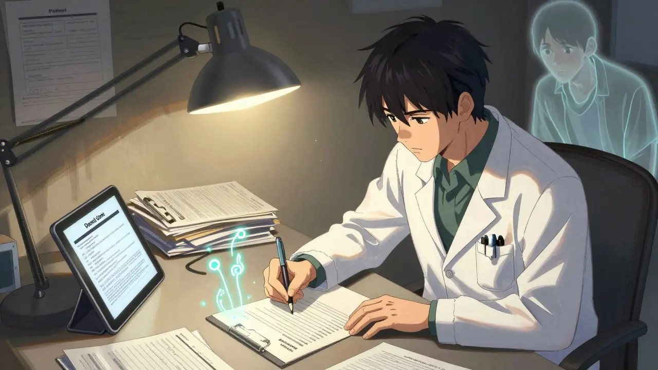Doctor writing medical necessity letter surrounded by patient records and denied claim.