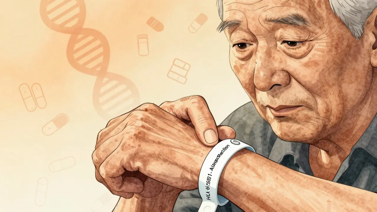 Elderly person wearing medical alert bracelet engraved with drug reaction warning.