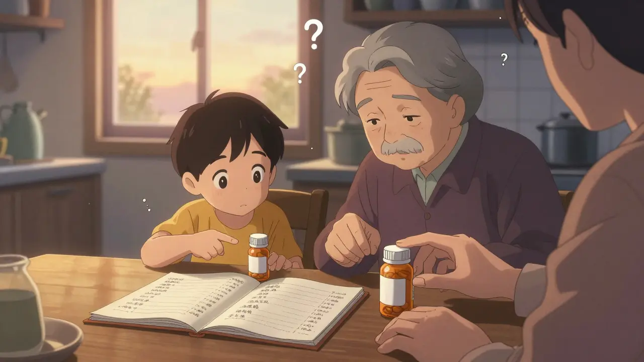 Family reviewing medication bottles at home with a written list on the kitchen table.