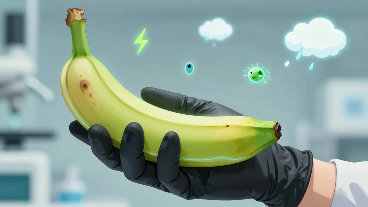 Hand holding a banana next to nitrile gloves, with ghostly latex protein connections symbolizing cross-reactivity.