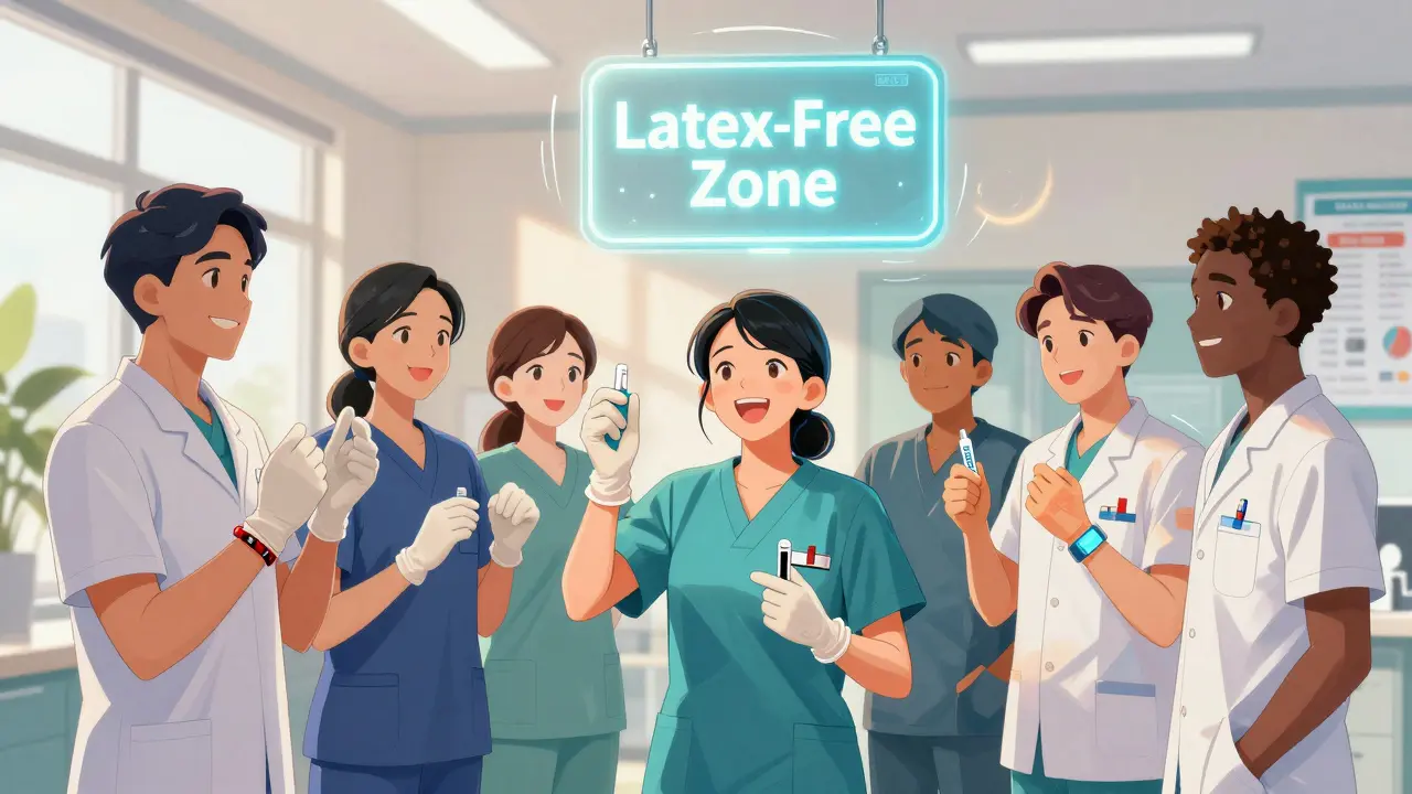 Healthcare team holding non-latex supplies under a glowing 'Latex-Free Zone' sign, united in a clinic setting.